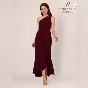 Adrianna Papell Burgundy Asymmetrical Dress with Embellished Shoulder